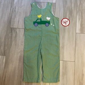 NWT Funtasia Too! Green Gingham Farm Animals & Truck Longall Romper, boys 4T